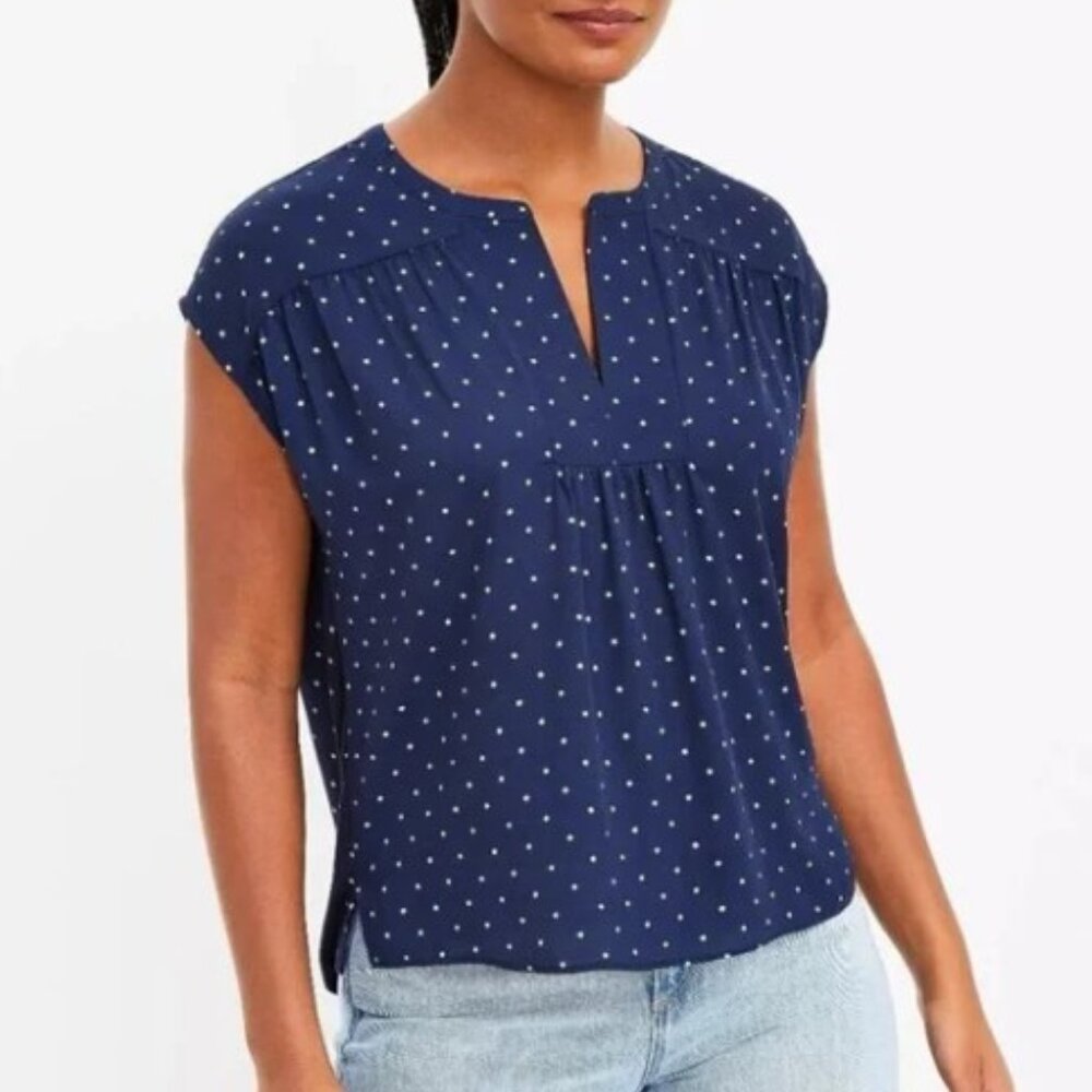 LOFT Navy Blue & White Polka Dot Split Neck Short Sleeve Blouse - Large